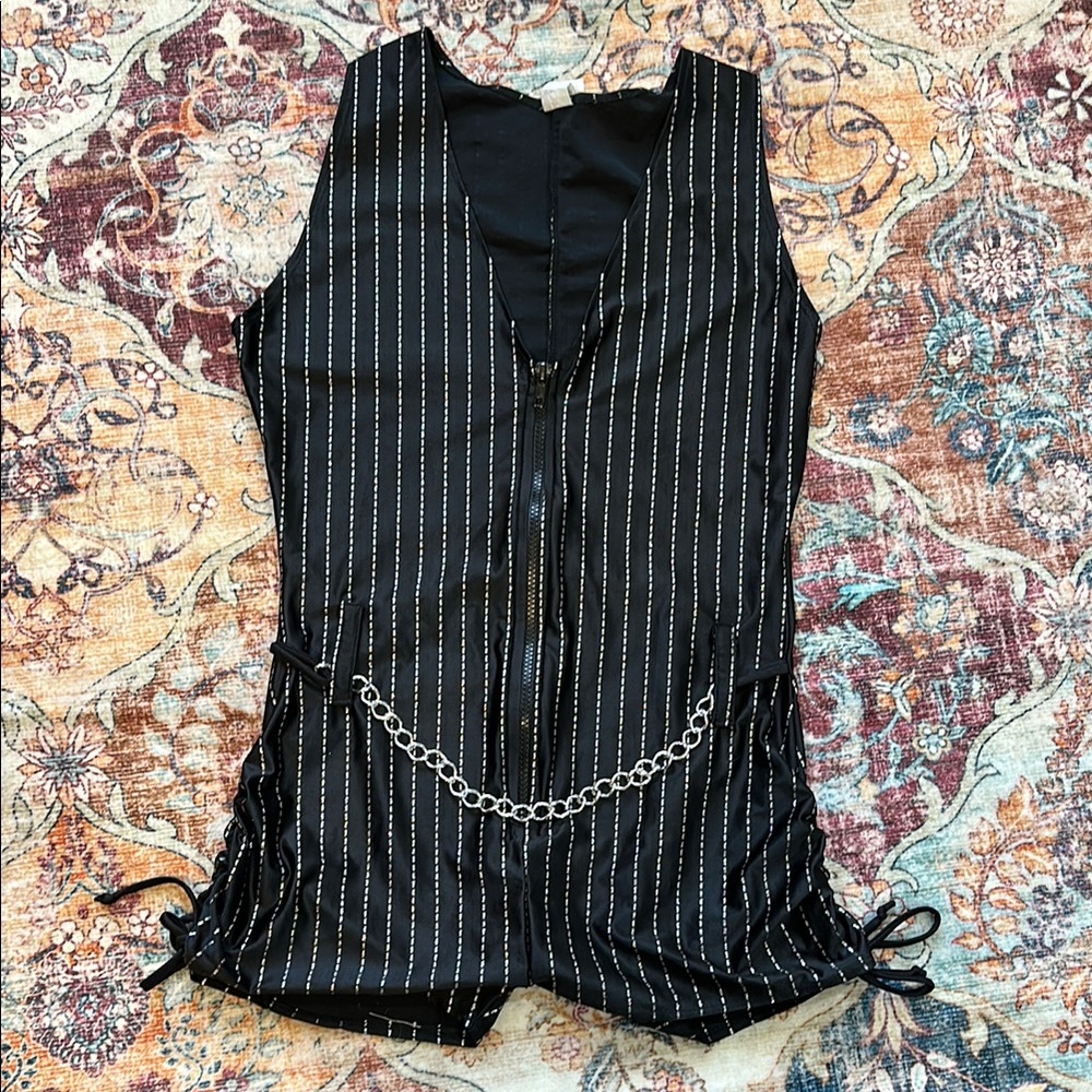 Black and sparkly silver Striped Women's dance costume with Chain Detail. Med